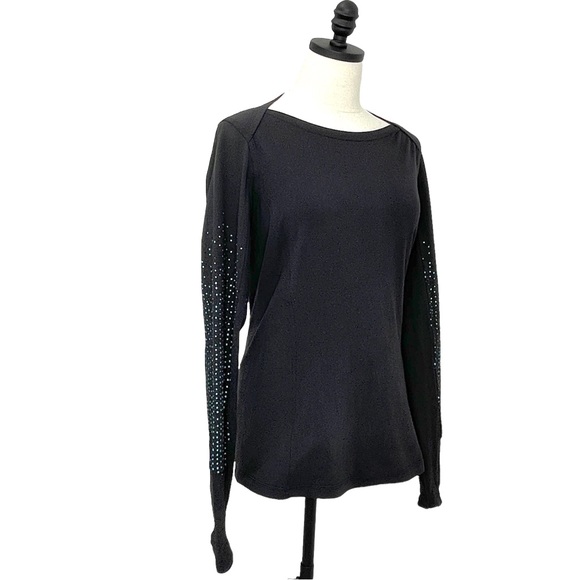 Lululemon Boatneck Top Long Sleeve Top Black with Green Dots On Sleeve Sz 10 - Picture 3 of 12